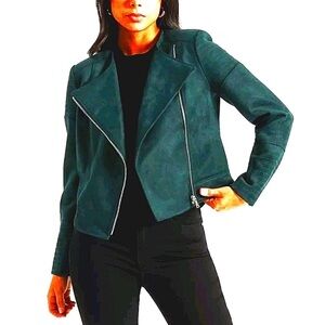 LC Loren Conrad Emerald Green Cropped Moto Long Sleeve Faux Suede Jacket XS